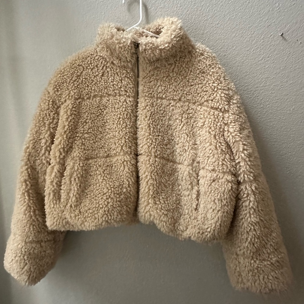 CALI 1850 Faux Fur NWT beige tan fuzzy teddy sherpa bomber zip jacket womens L